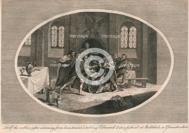 Leofa the robber stabbing Edmund I at a festival at Pucklekirk, Gloucestershire 946 (1793). Artist: Unknown.