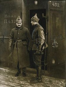 Leon Trotsky (1879-1940) in front of his special train, 1918. Creator: Unknown photographer