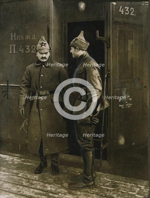 Leon Trotsky (1879-1940) in front of his special train, 1918. Creator: Unknown photographer.