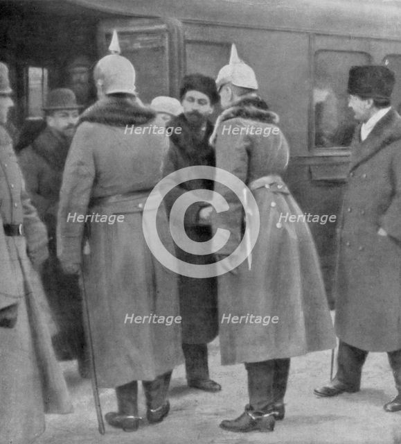 Leon Trotsky arriving for peace negotiations with the Germans, Brest-Litovsk, 7 January 1918. Artist: Unknown