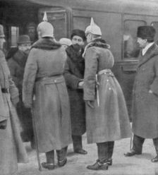 Leon Trotsky arriving for peace negotiations with the Germans, Brest-Litovsk, 7 January 1918