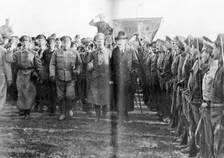 Leon Trotsky, People's Commissar of War, reviewing Red Army troops in Moscow, Russia, 1918