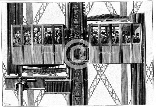Leon Edoux's elevators (lifts) at the Eiffel Tower, Paris, 1889. Artist: Unknown