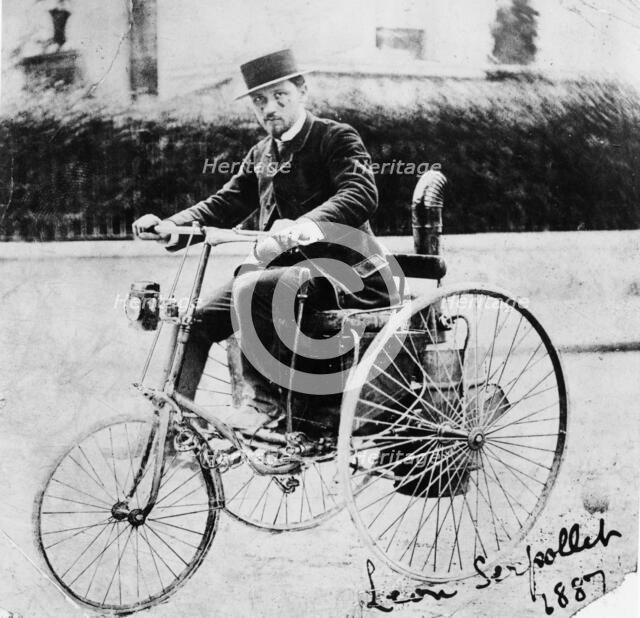 Leon Serpollet on his first steam tricycle, 1887. Artist: Unknown