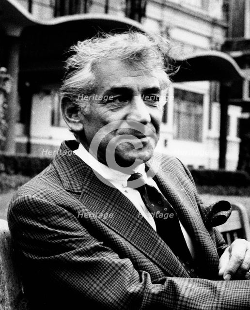 Leonard Bernstein (1918-1990), American composer, outside the Savoy Hotel, London. Artist: Unknown