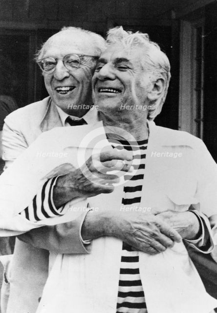 Leonard Bernstein (1918-1990) and Aaron Copland (1900-1990), American composers, 1987. Creator: Unknown.