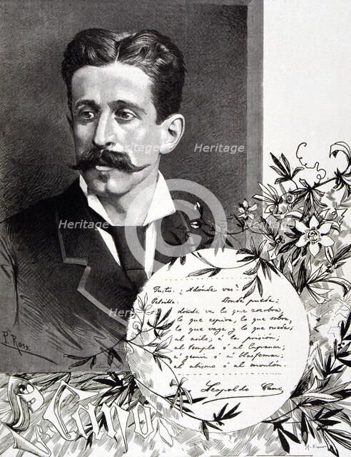 Leopoldo Cano (1844-1934) Spanish writer, engraving by A. Riquer in Ilustración Artistica de Barc…