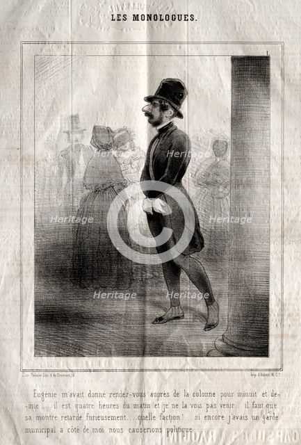Les Monologues: Eugénie mavait donné rendez-vous auprès de la colonne pour minuit et demie.... Creator: Charles Joseph Traviès de Villers (French, 1804-1859).