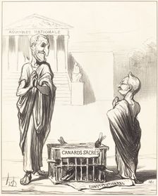 Les Augures de l'Empire s'apprêtant à consulter les entrailles des canards sacrés..., 1850. Creator: Honore Daumier