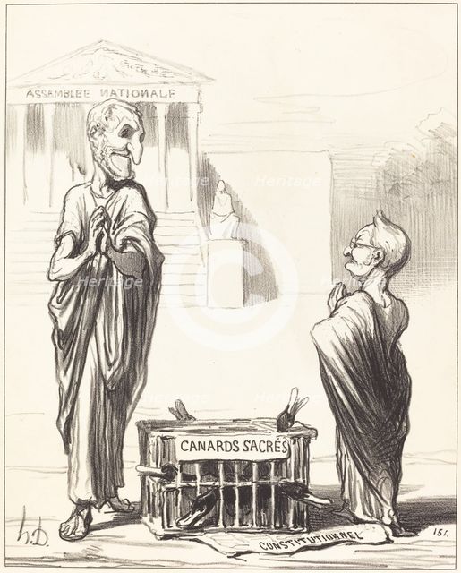 Les Augures de l'Empire s'apprêtant à consulter les entrailles des canards sacrés..., 1850.  Creator: Honore Daumier.