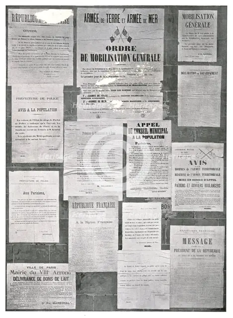 ''Les affiches de la premiere semaine de la mobilisation sur les murs de Paris', 1914. Creator: Unknown.