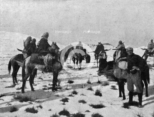 ''Les Alpins Marocains; Mokhazenis a cheval, emportant leurs skis en travers de la selle', c1916. Creator: Unknown.