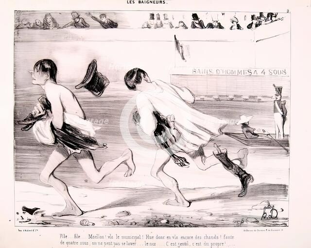 Les Baigneurs. File... File... Moellon! v. le Municipal..., 1839. Creator: Honore Daumier.