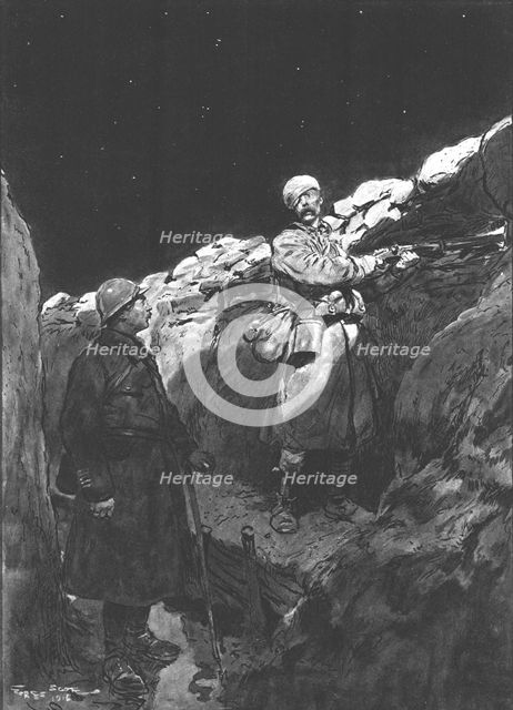 'Les blesse au Creneau; Le Colonel, "inspectant ses tranchees, une nuit d'alerte..., 1916. Creator: Georges Bertin Scott.