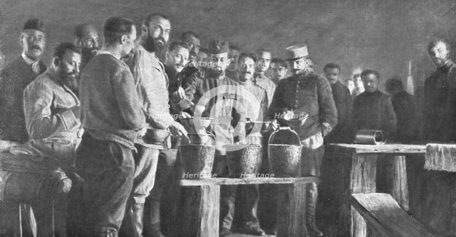 'Les camps de represailles; les repas: la soupe, apportee dans des seaux de toilette, etait..., 1916 Creator: Unknown.