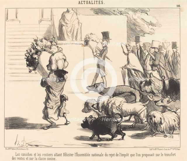 Les caniches et les rentiers allant féliciter l'Assemblée nationale..., 1850. Creator: Honore Daumier.