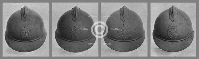 'Les casques fabriques par la France pour les armees: de gauche a droite, casques..., 1916. Creator: Unknown.