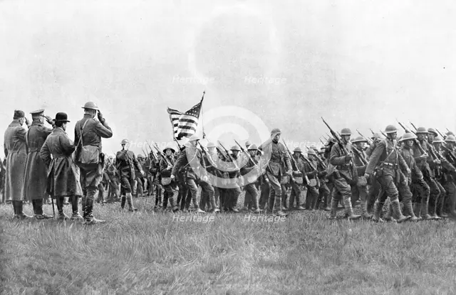 'Les combattants de l'Amerique; Un des premiers regiments Americains engages, le 18th..., 1917. Creator: Unknown.