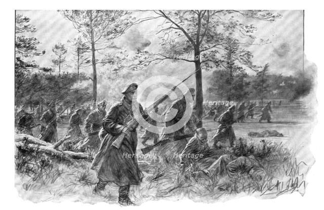 'Les dernieres victoires Russes; Arrivant au terrain decouvert, les fantassins russes se dressent et Creator: Unknown.