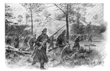 Les dernieres victoires Russes; Arrivant au terrain decouvert, les fantassins russes se dressent et Creator: Unknown