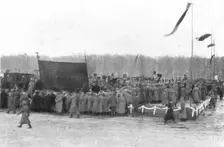 Les Funerailles des Morts de la Revolution; Les delegations et leurs bannieres l'enclos...,1917. Creator: Unknown