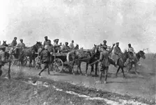 Les Fuyards; Officiers russes et anglais des automobiles blindees arretant un convoi de..., 1917. Creator: Unknown