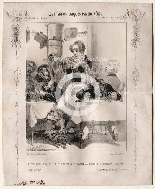 Les Français croquès par eux-mêmes: Perruques a la Julienne, Chapeaux de satin…, 1840. Creator: Charles Vernier (French, 1831-1887).