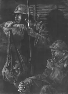 Les Guetteurs; on ne fume pas au poste d'ecoute, mais il est permis de macher sa pipe..., 1916. Creator: Lucien Jonas