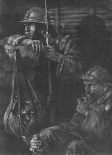 Les Guetteurs; on ne fume pas au poste d'ecoute, mais il est permis de macher sa pipe..., 1916. Creator: Lucien Jonas