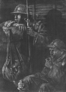 Les Guetteurs; on ne fume pas au poste d'ecoute, mais il est permis de macher sa pipe..., 1916. Creator: Lucien Jonas