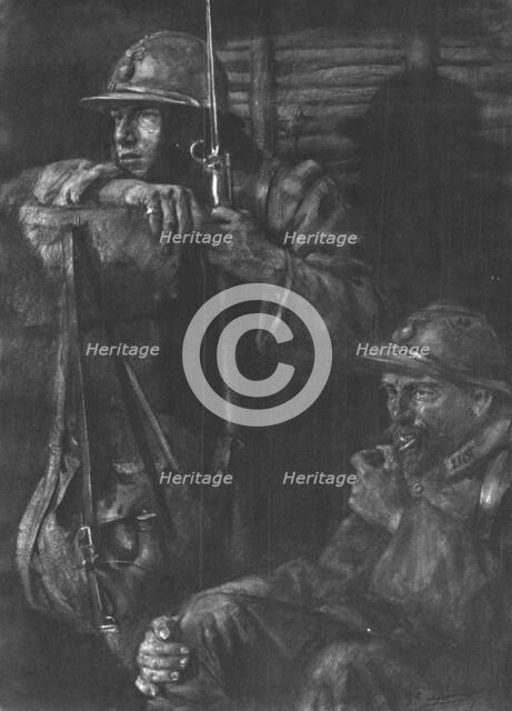 'Les Guetteurs; on ne fume pas au poste d'ecoute, mais il est permis de macher sa pipe..., 1916. Creator: Lucien Jonas.