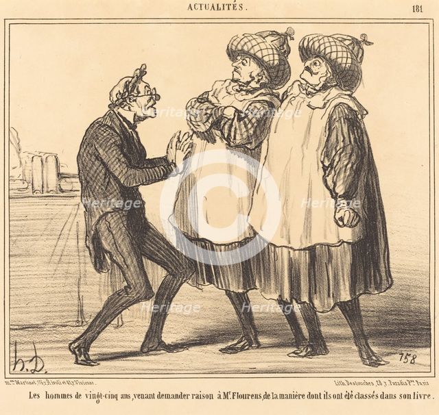 Les hommes de vingt-cinq ans venant demander raison à Mr. Flourens..., 1855.  Creator: Honore Daumier.