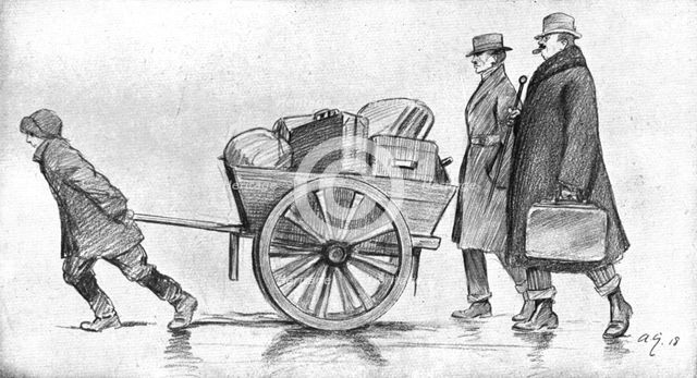 'Les Indesirables; Deux "Strasbourgeois" venus d'Allemagne y retournent, derriere leurs...', 1918. Creator: Andre Galland.