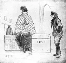 Les Indesirables; Immobilisee par ses excedents de bagages devant le pont de Kehl 1918. Creator: Andre Galland
