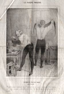 Les Plaisirs Parisiens: Preparatifs pour une soiree. Luxe et misère. Maudite plume! Mèchante.... Creator: Charles Joseph Traviès de Villers (French, 1804-1859)