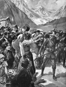 les premieres operations Italiennes; la population de Cormons accueille les bersaglieri 1915. Creator: Unknown