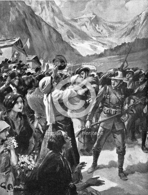 'les premieres operations Italiennes; la population de Cormons accueille les bersaglieri', 1915. Creator: Unknown.