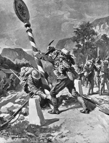les premieres operations Italiennes; les "Alpini" renversent le poteau frontiere 1915. Creator: G d'Amalo