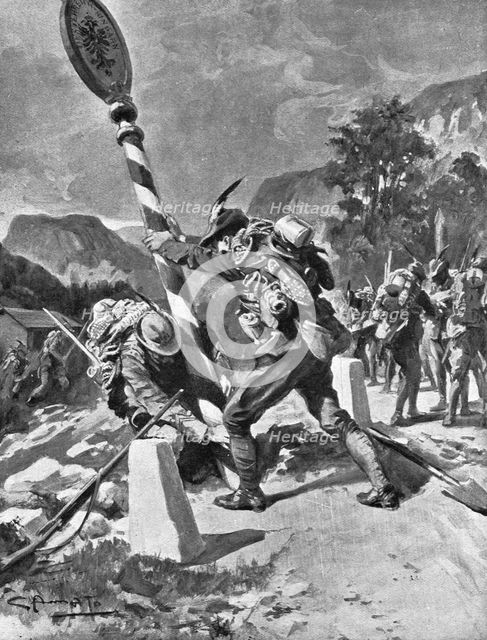 'les premieres operations Italiennes; les "Alpini" renversent le poteau frontiere', 1915. Creator: G d'Amalo.