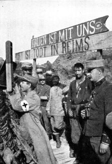 les premieres operations Italiennes; "L'Italie est avec nous. Votre Dieu est mort a Reims" 1915. Creator: Unknown