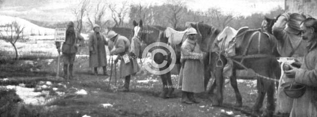'Les precautions contre les gaz; Arrete par un factionnaire muni d'un ecriteau: "Attention, nappe de Creator: Unknown.