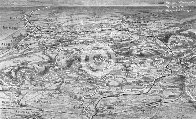 'Les progres de l'offensive Franco-Britannique sur la Somme; Trace approximatif sur le..., 1916. Creator: L. Trinquier.