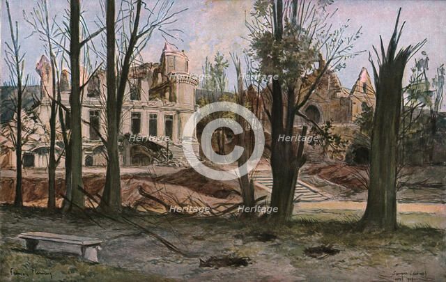 'Les ruines du chateau de Soulir, pres de Vailly, au Sud-Ouest de Craonne' 1917. Creator: Francois Flameng.