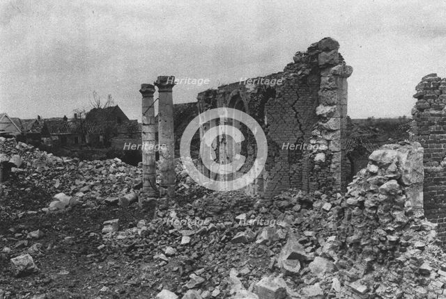 'Les ruines reconquises: eglises de villages, dans la Somme; l'eglise d'Herbecourt', 1916. Creator: Unknown.