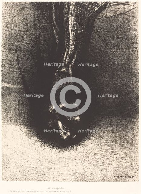 Les Sciapodes: La tete le plus bas possible, c'est le secret du bonheur! (The Skiapods...), 1889. Creator: Odilon Redon.
