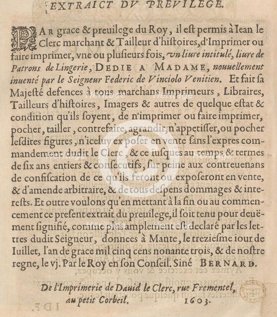Les Secondes Oeuvres, et Subtiles Inventions De Lingerie du Seigneur Federic de Vinciolo V..., 1603. Creator: Federico de Vinciolo.