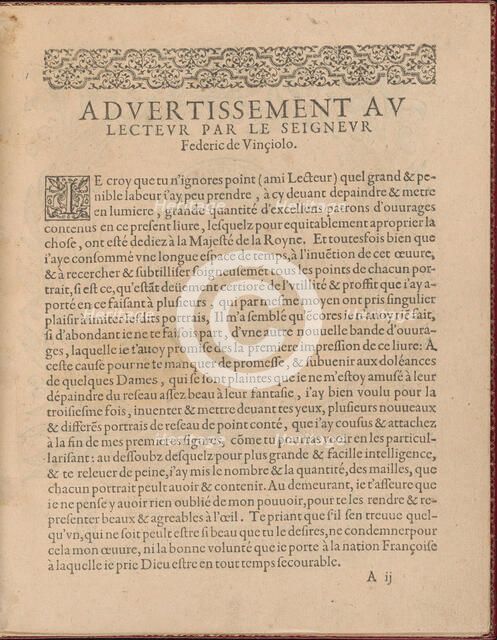 Les Singuliers et Nouveaux Portraicts... page 2 (recto), 1588. Creator: Federico de Vinciolo.