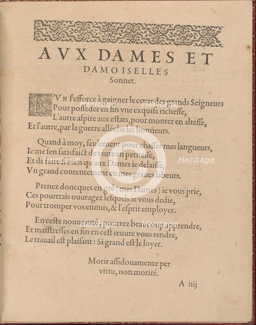 Les Singuliers et Nouveaux Portraicts... page 3 (recto), 1588. Creator: Federico de Vinciolo.