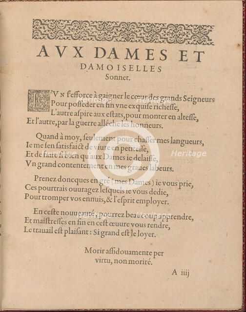 Les Singuliers et Nouveaux Portraicts... page 3 (recto), 1588. Creator: Federico de Vinciolo.