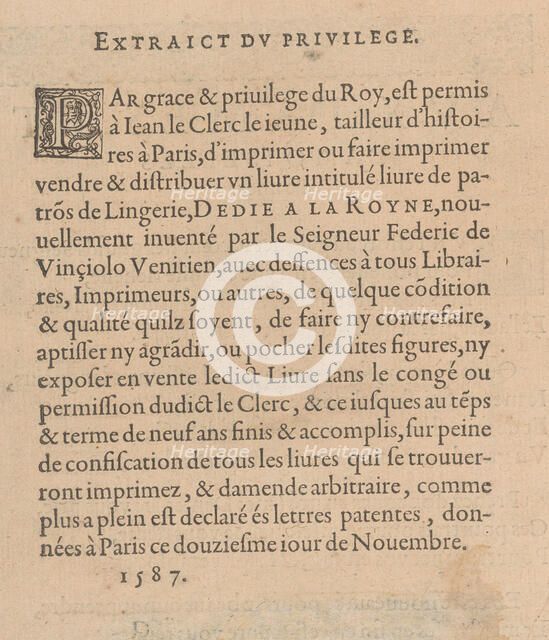 Les Singuliers et Nouveaux Portraicts... page 3 (verso), 1588. Creator: Federico de Vinciolo.